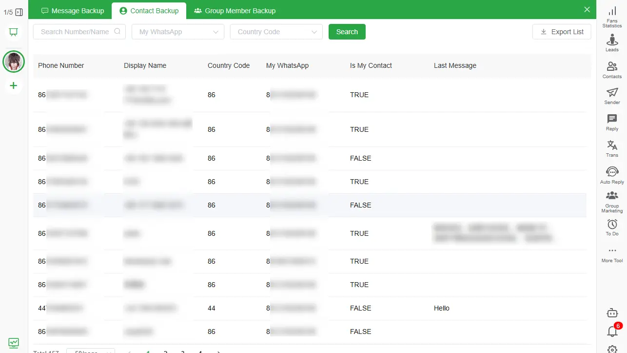 WhatsApp Contact Backup list with search and export controls