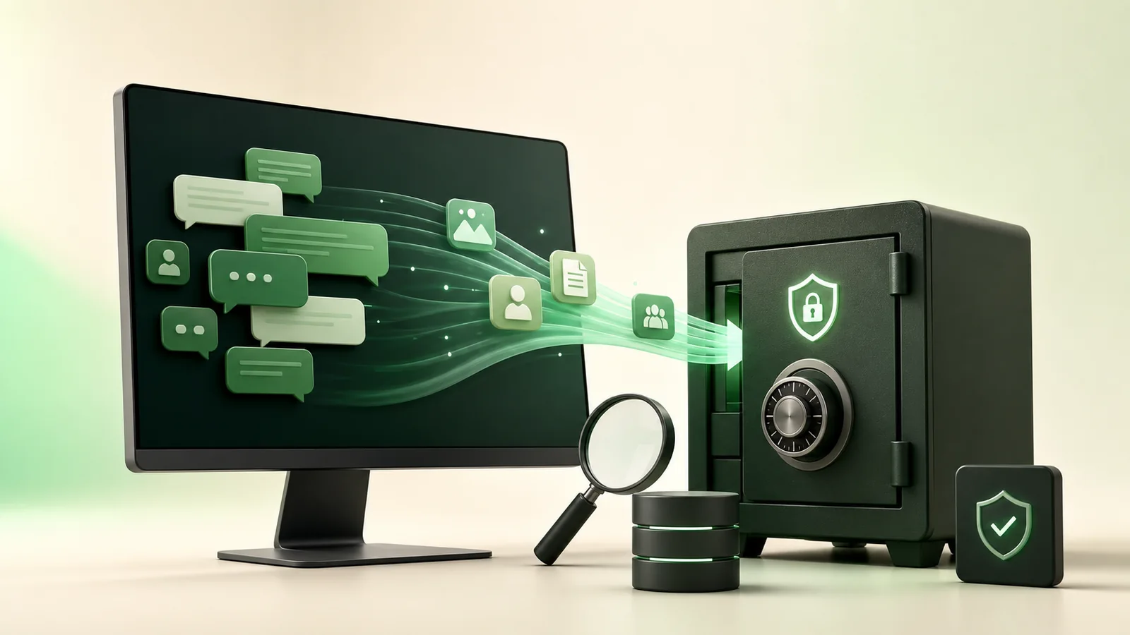 Private local WhatsApp chat backup flowing from a computer into a secure archive
