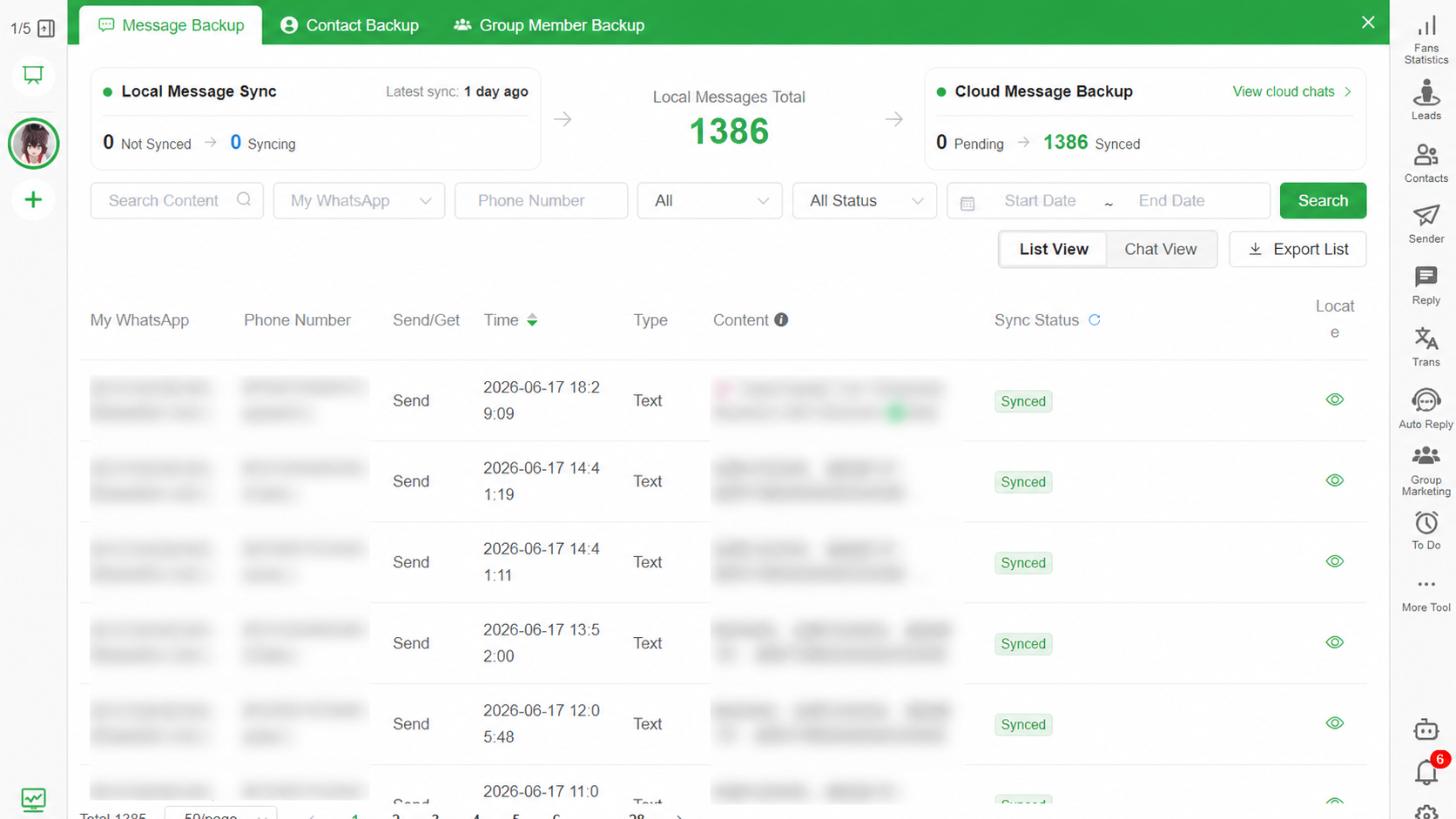 WhatsApp Message Backup shown in searchable list view